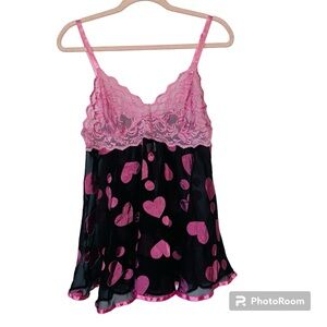 Y2K Intimate Attitudes Nightgown Cami Slip Dress Lingerie 1X Hearts Black & Pink